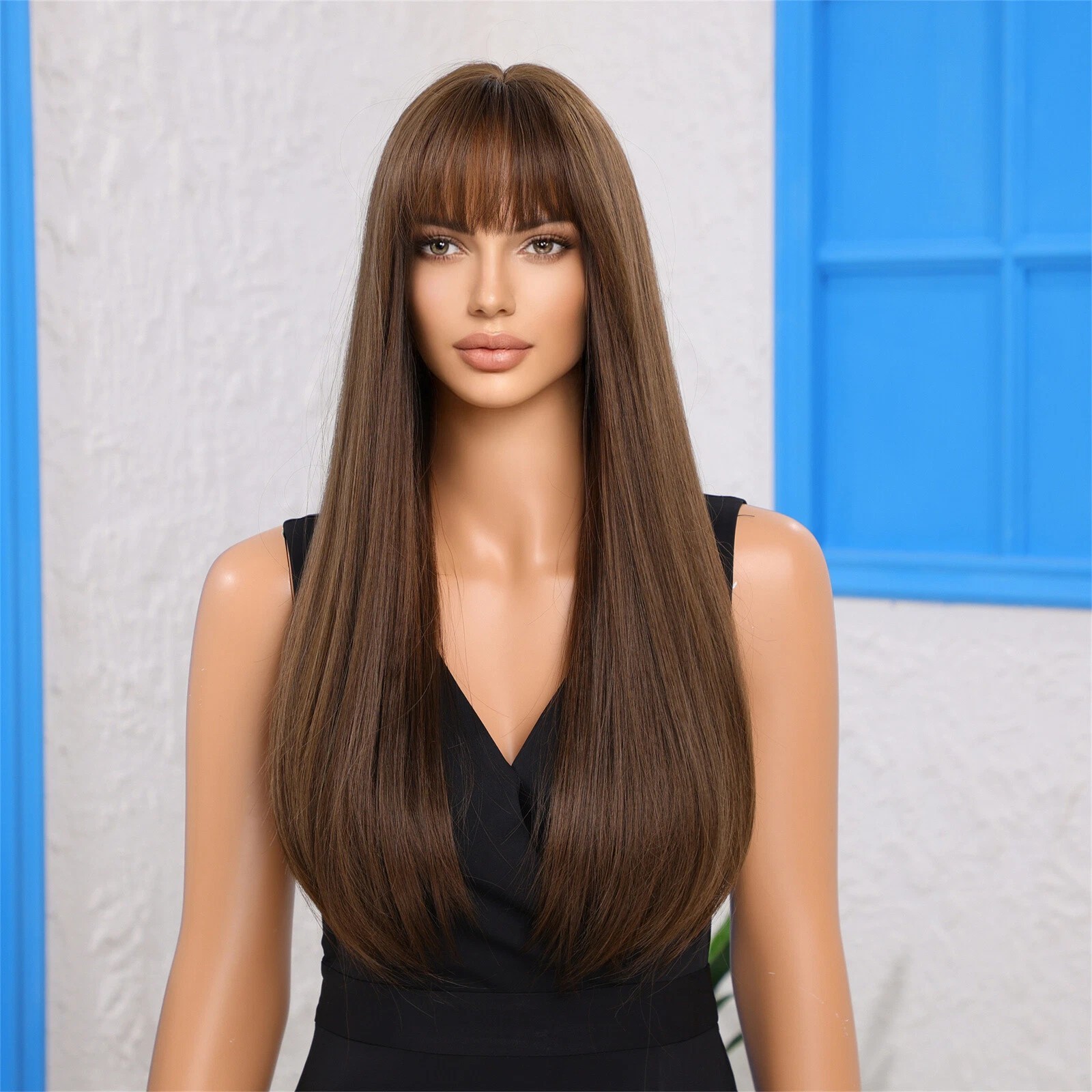 Medium brown Cosplay Party Wig With Fringe Synthetic Hair Women Long Straight