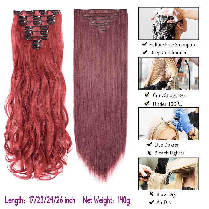 8 Pieces 18 CLips In Hair Extensions Thick As Human Full Head Curly Straight US