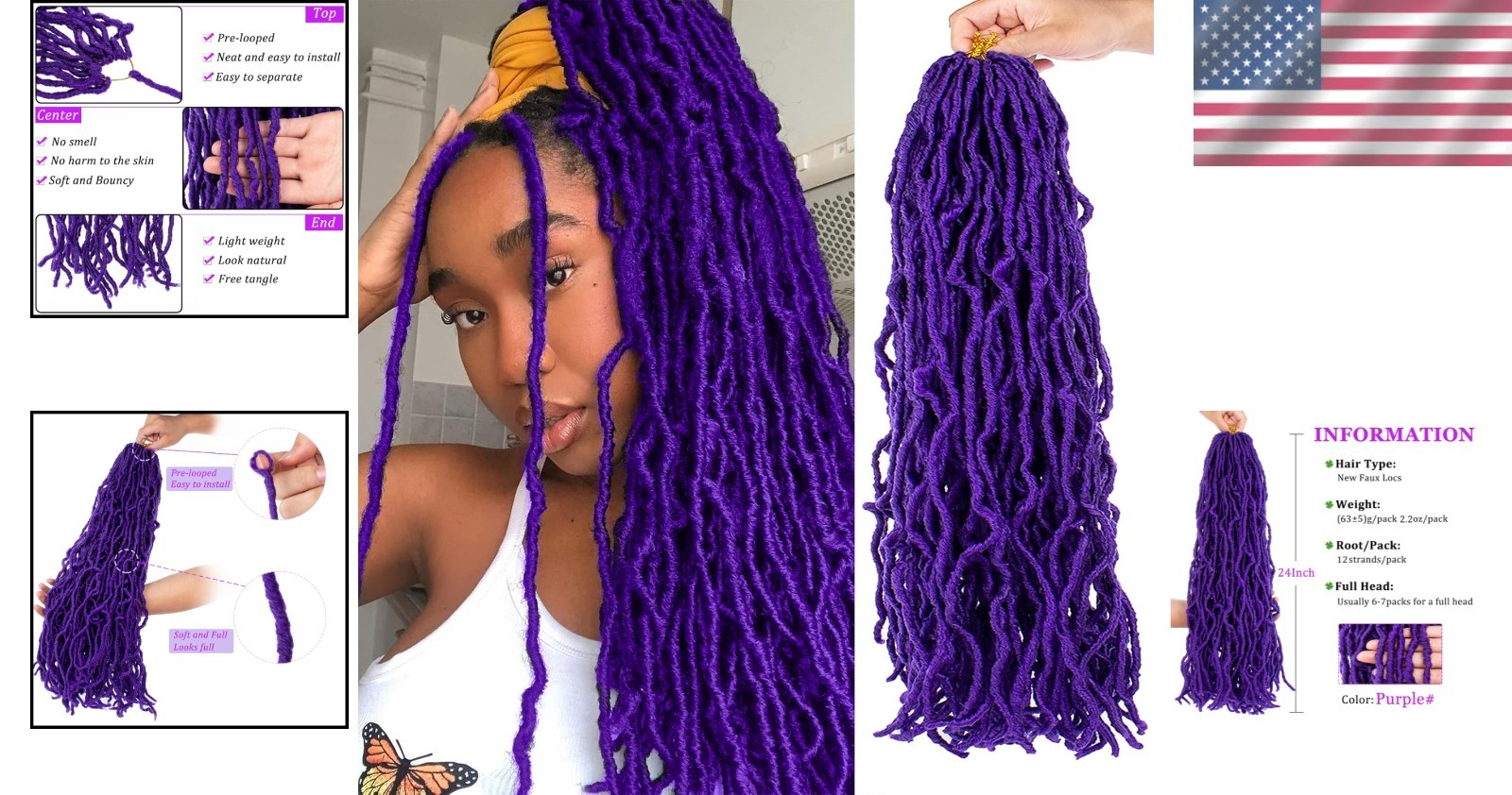 24 Inch Purple Faux Locs Crochet Braids – 2 Packs of Soft Curly Hair Extensions