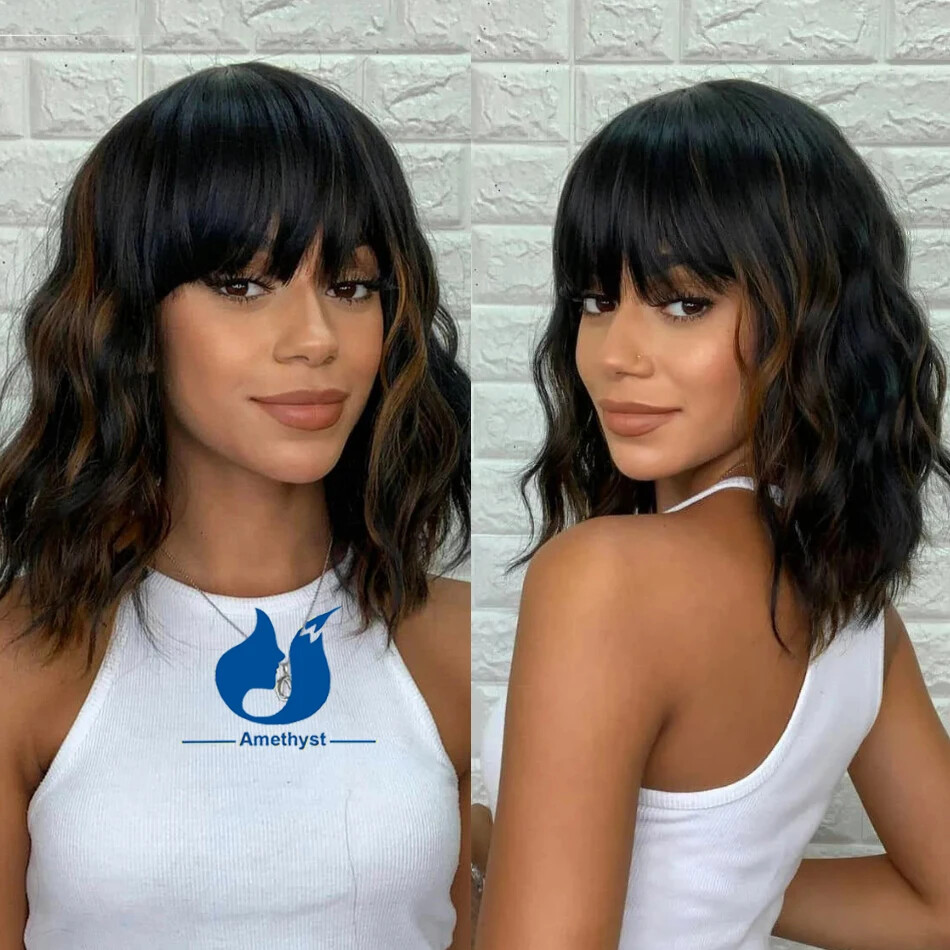 Highlight Brown Wig With Bangs Glueless Full Machine Made Scalp Top Short Wavy