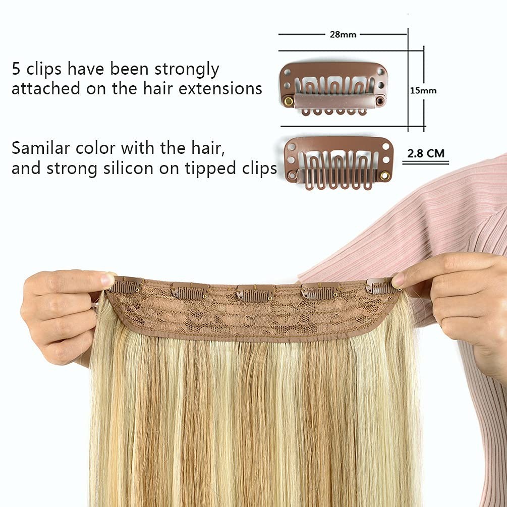 Real Human Hair Clip-In Extensions – Brown & Blonde Highlights, 70g, 14″ Length