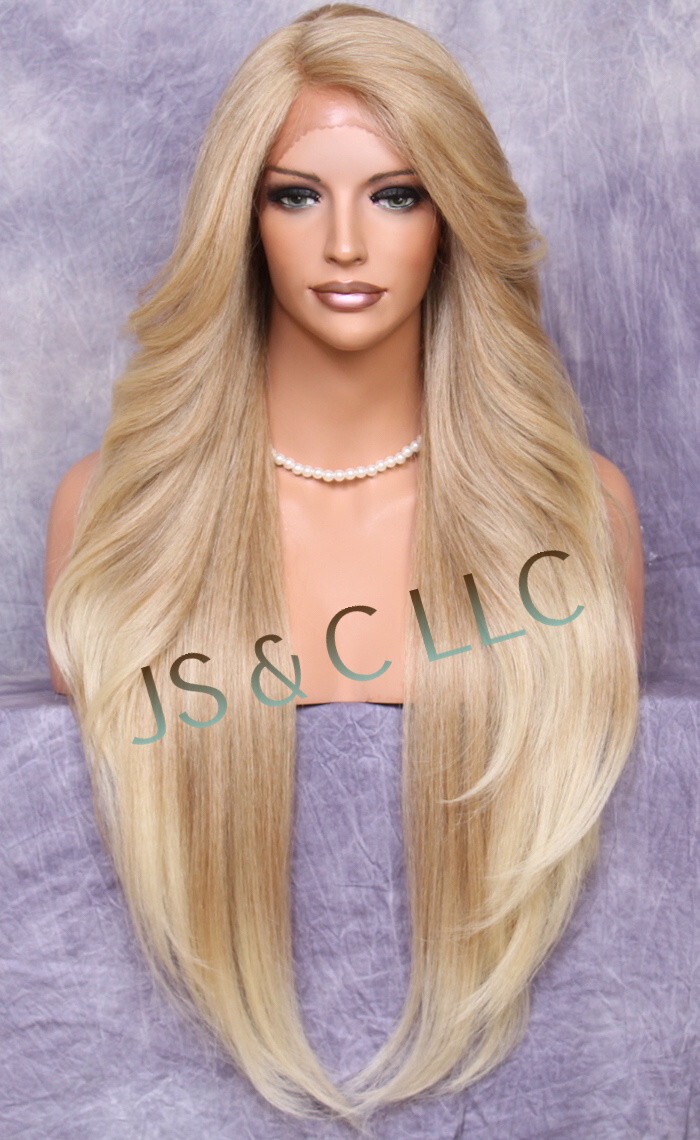 38″ Long Human Hair Blend Full Lace Front Wig Heat OK Blonde mix WEPC 27/613