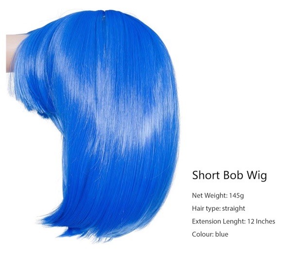 Rose bud Blue Bob Wig with Fringe 12 Inch Short Straight Costume Wigs for Women