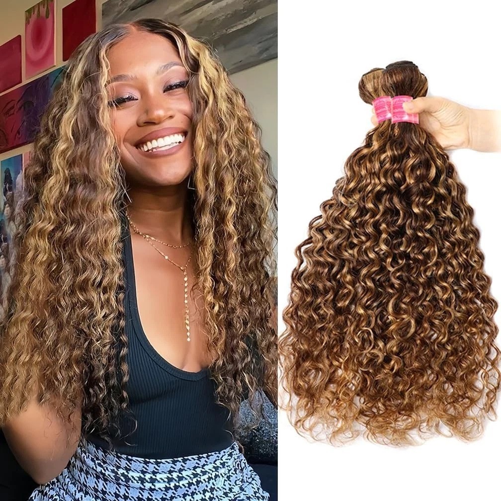 Brazilian Virgin Hair Water Wave Bundles 4/27 Honey Blonde Ombre 16-20″