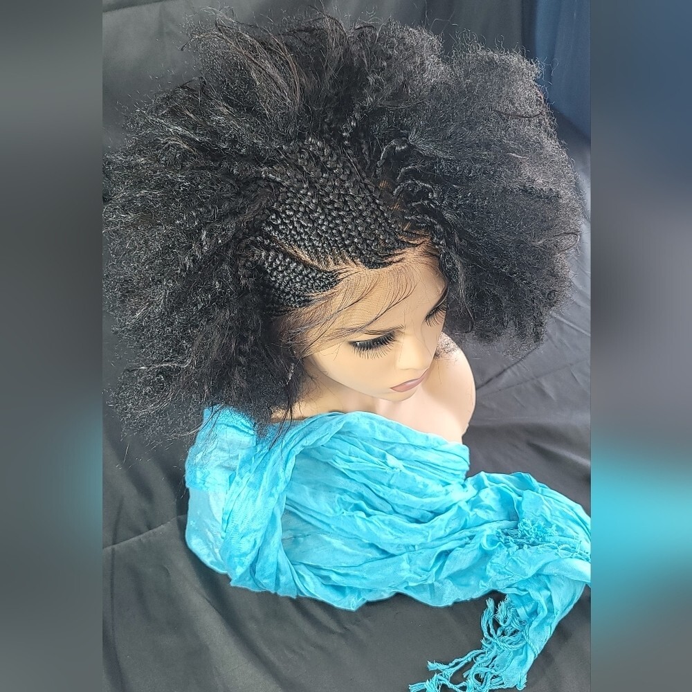 Braided Wig Short Afro Kinky Black Lace Front Glueless Baby Hair 4″ Handmade NWT
