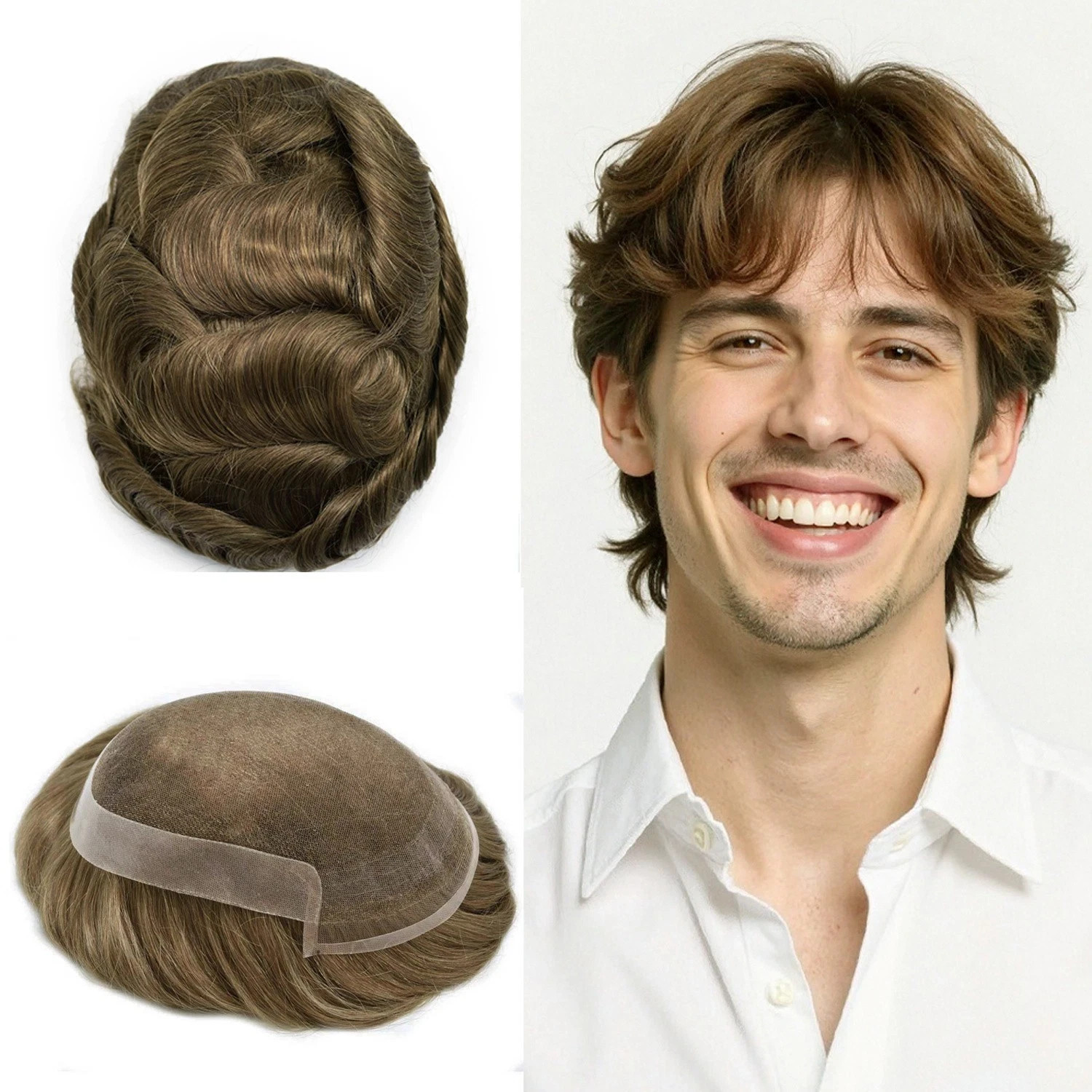 French Lace Front Mens Toupee Human Hair Replacement System Poly Skin Hairpiece
