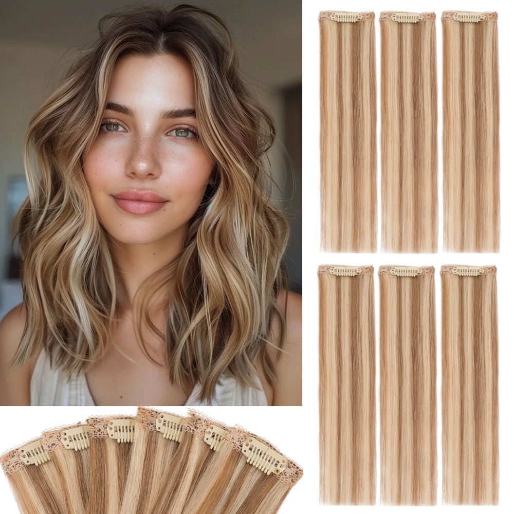 6 Pieces 6 Clips in 100% Human Hair Extensions Real Thick Short Lace Weft #Brown