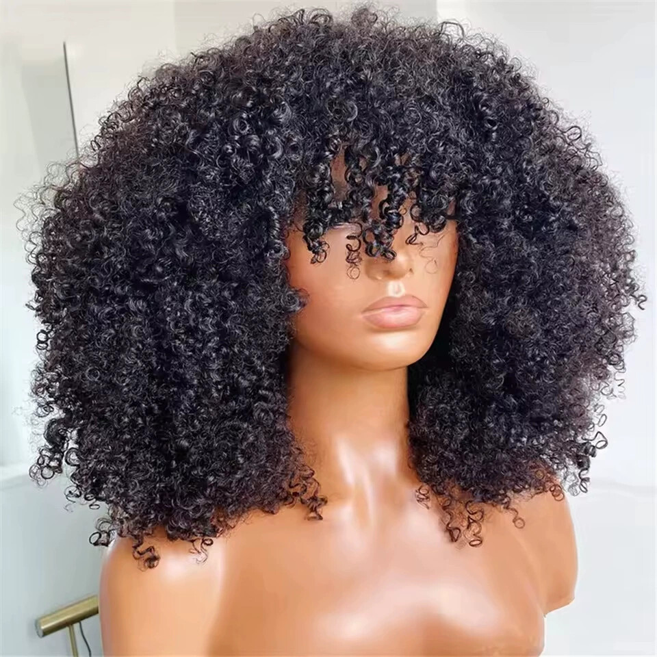 Glueless Bob Wigs Black Human Hair Short Afro Kinky Curly Wigs with Bangs 250%