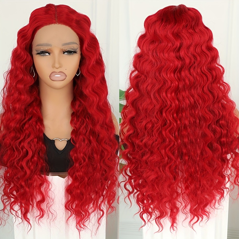 Synthetic Deep Wave Hair 26 Inch Red Color Lace Front Wigs Pre Plucked Hairline