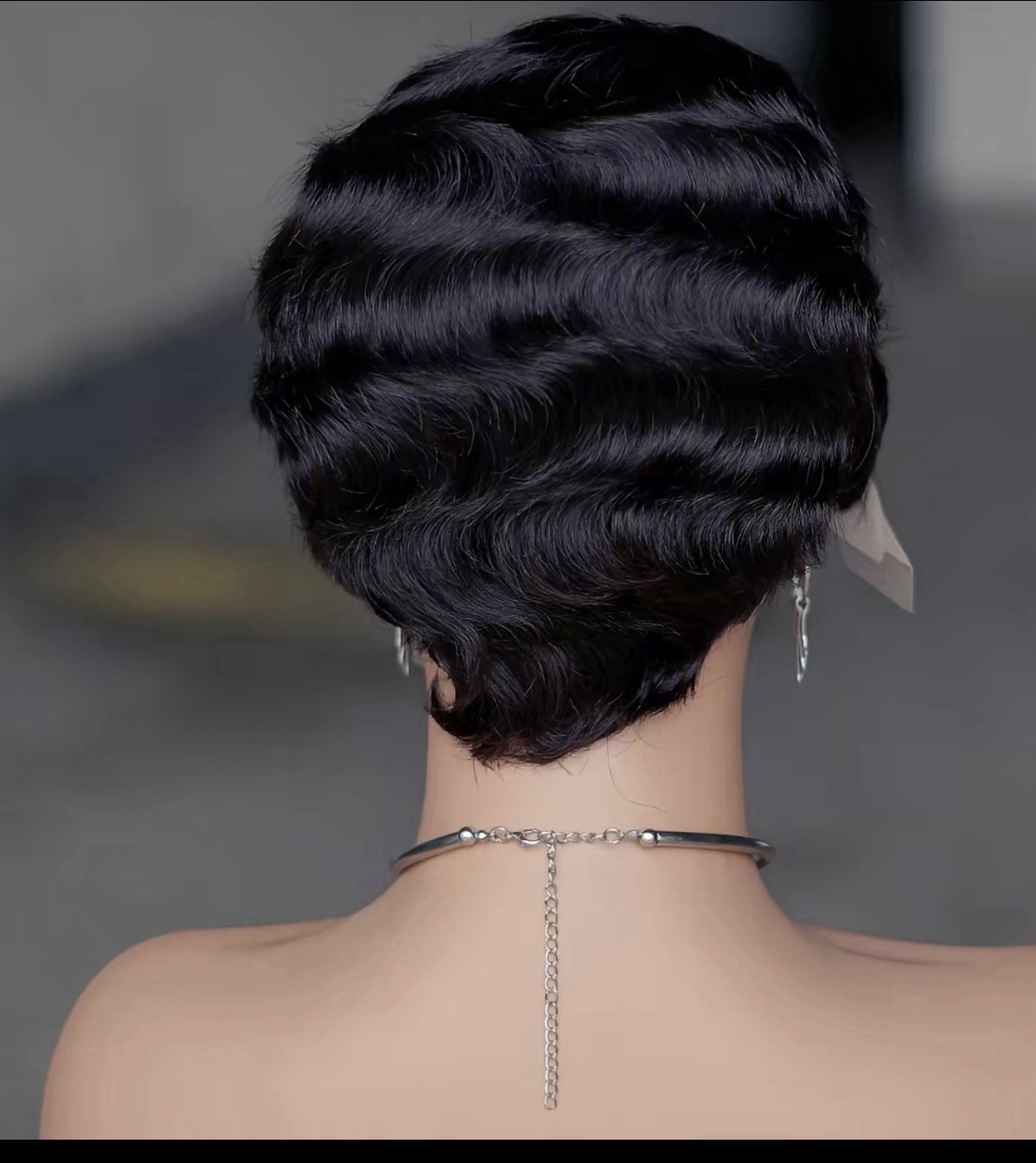 Human hair Finger Wave Wavy Wig Black Side Part Classic Cap Short for Women