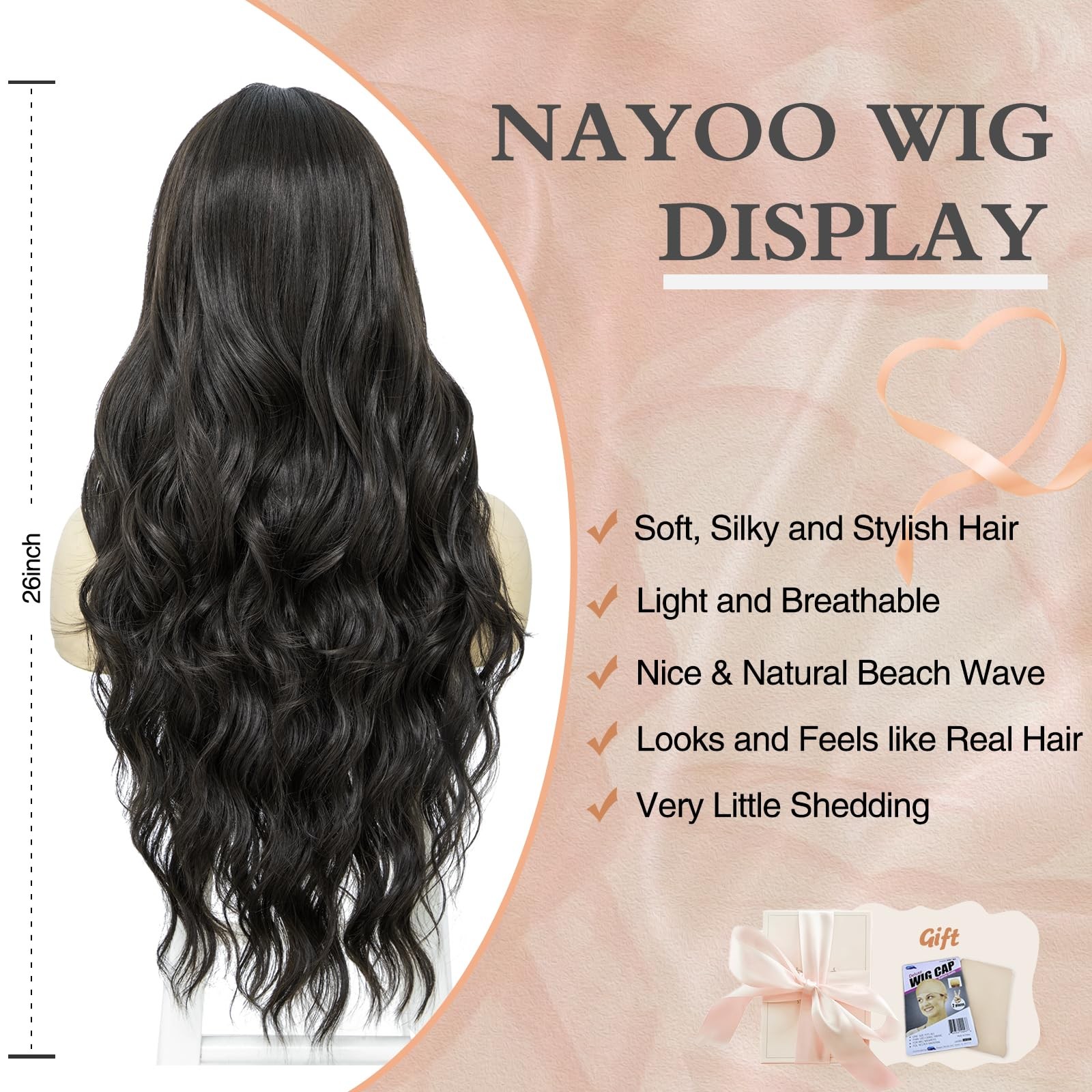 26 Inch Long Wavy Black Wig for Women, Middle Part Natural Looking Synthetic …
