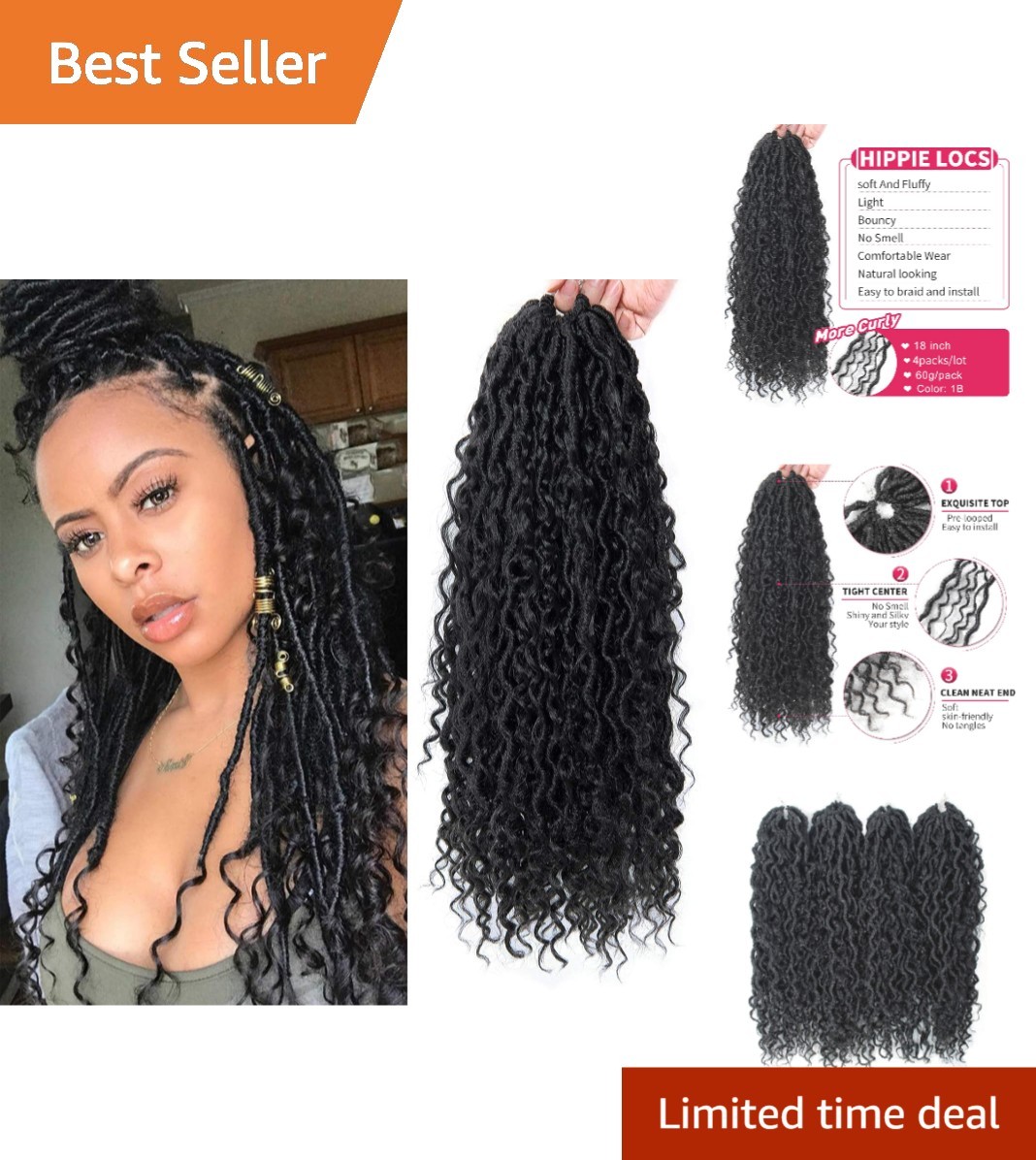 Goddess Locs 18-Inch Crochet Hair with Curly Ends – Bohemian 4 Pack