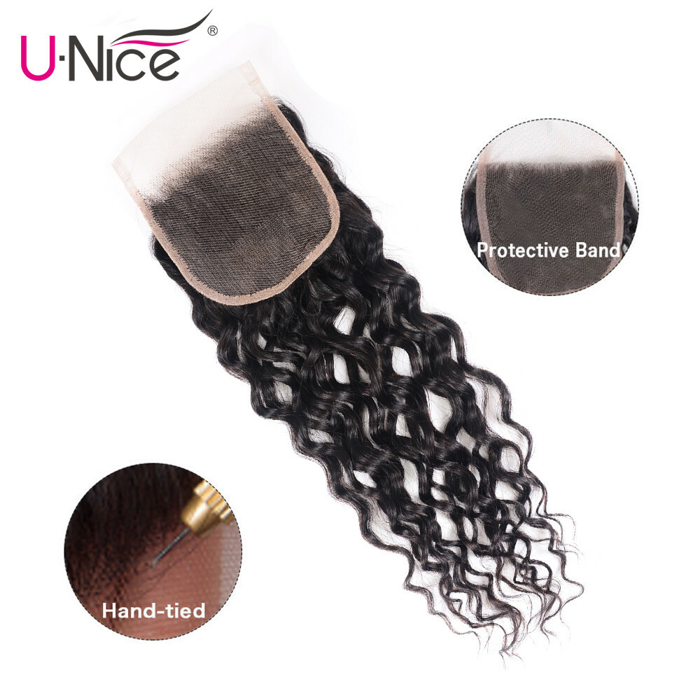 UNice Indian Water Wave 2 Bundles Human Hair Extensions with Lace Closure Weaves