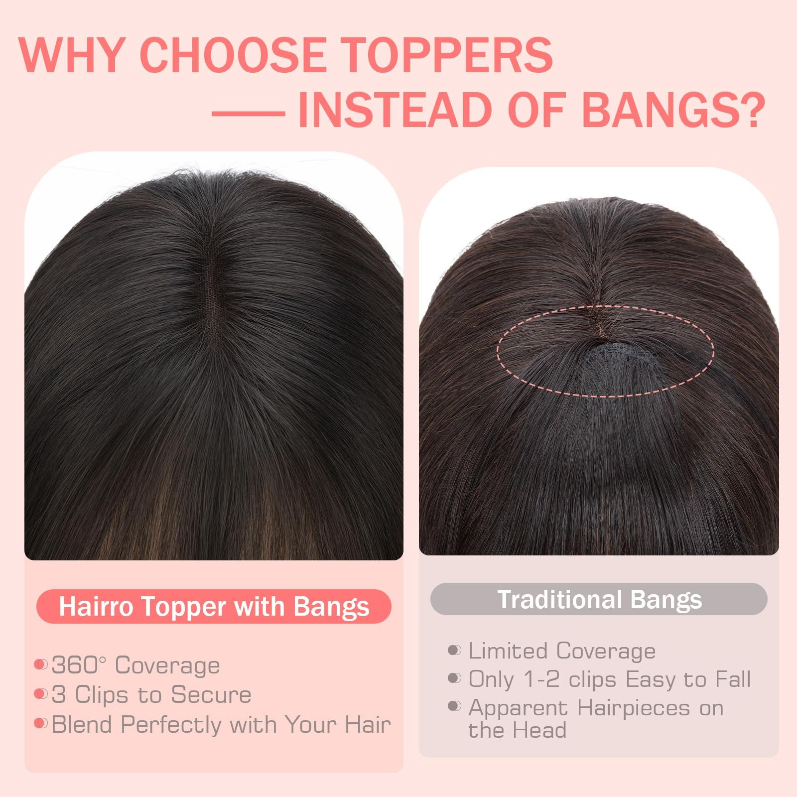 Hairro Human Hair Toppers Bangs 360 3D Coverage Clip In 3.15X4.33 Breathable