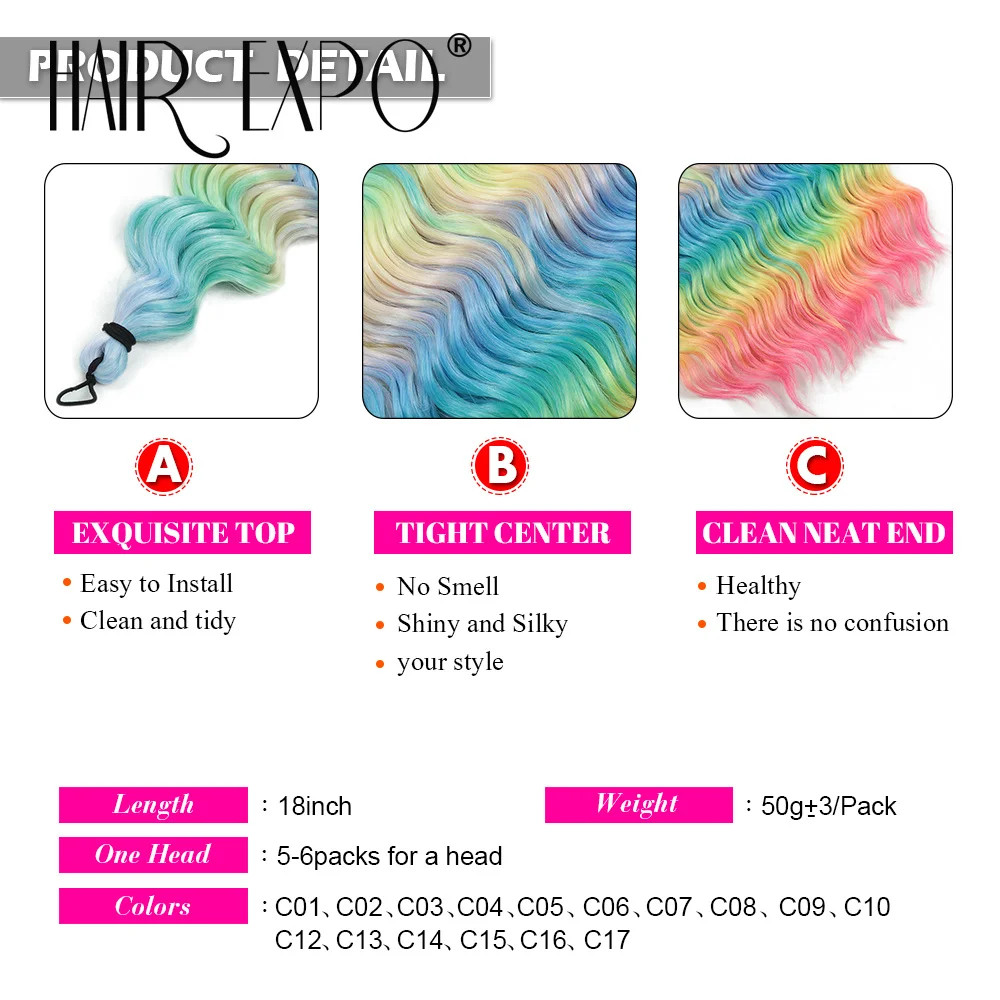 18 Inch Deep Wave Twist Crochet Hair Synthetic Ombre Rainbow Color Afro Curls