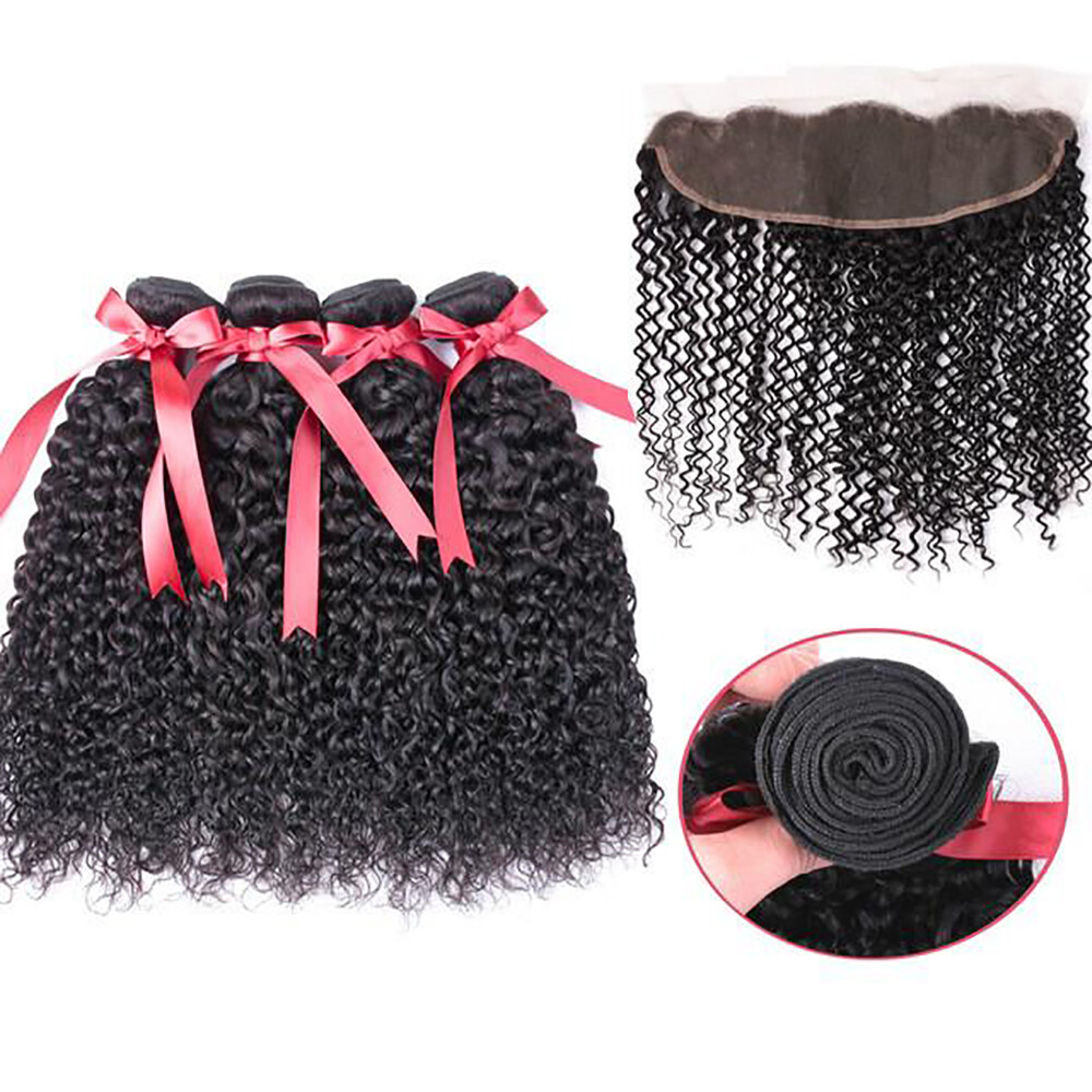 100% Human Hair Black color 1B Jerry Durl 3 Bundles with Frontal