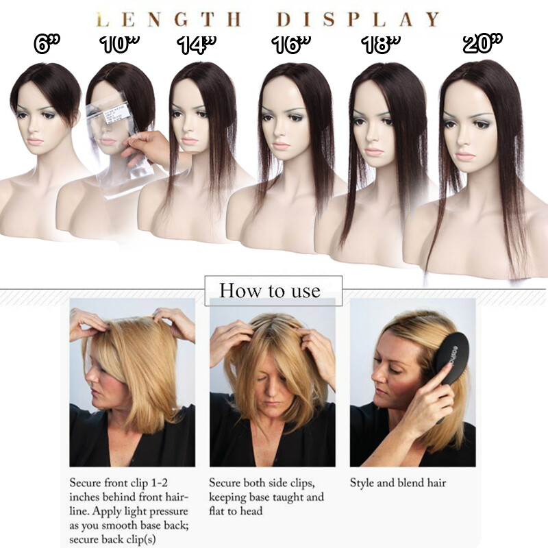 Silk Base 100%Human Hair Topper Clip in Hairpiece Wig Toupee Top Piece Side Part