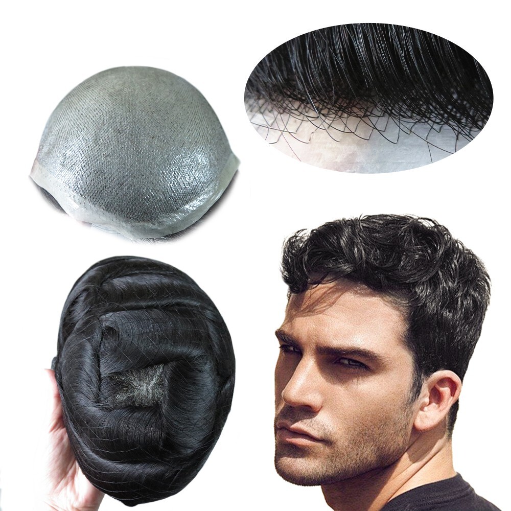 Mens Toupee Human Hair Replacement System 0.05mm Thin Skin BIO Hairpieces #1C