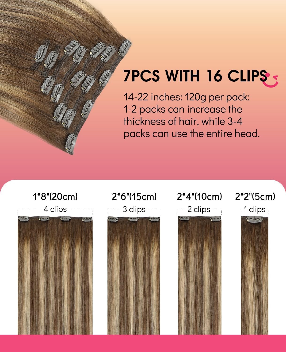 22″ Clip-In Human Hair Extensions, Balayage Chocolate & Caramel, Thick Ends, 120