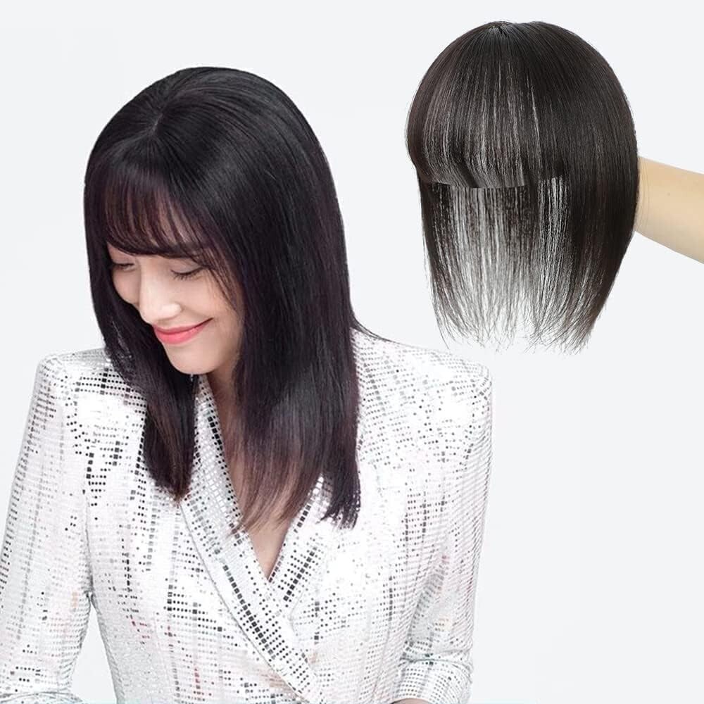 360° 10in Human Hair Topper w/ Bangs 3″x3.5″ Silk Base #1B Natural Black Wiglet