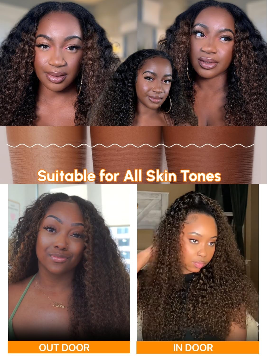 Curly V Part Wig 18″ Human Hair Ombre Black to Chestnut Brown, Glueless Clip-In,