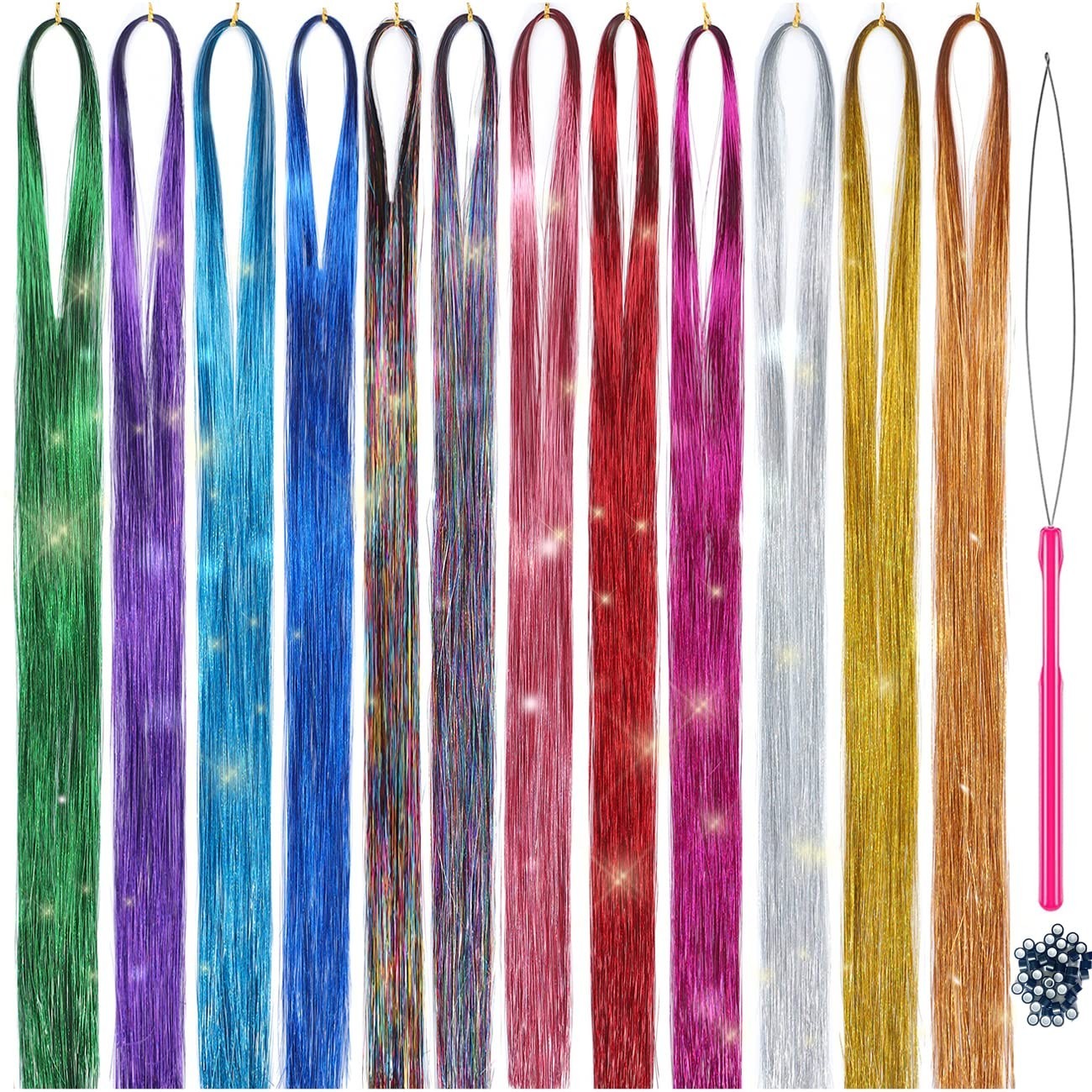 Glamorous 12-Color Hair Tinsel Kit – 47-Inch Sparkling Strands for Elegance