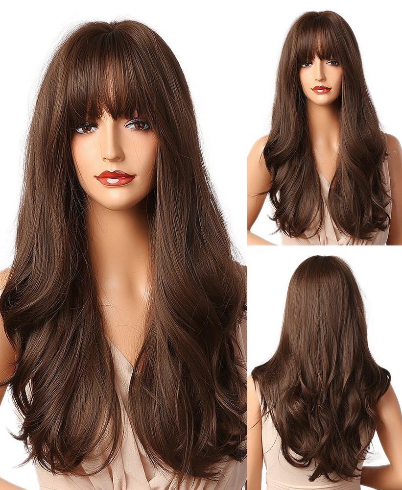 Synthetic Hair Heat Resistant Cosplay Party Wig With Fringe Choc Brown Long Wavy