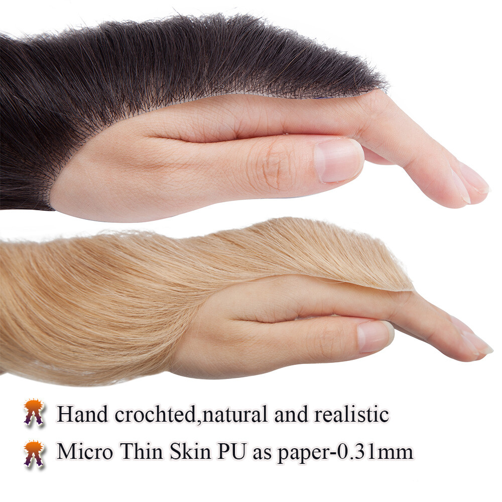 Super Thin Skin PU Mens Toupee Hairpiece Remy Human Hair Replacement V-LOOP Wigs