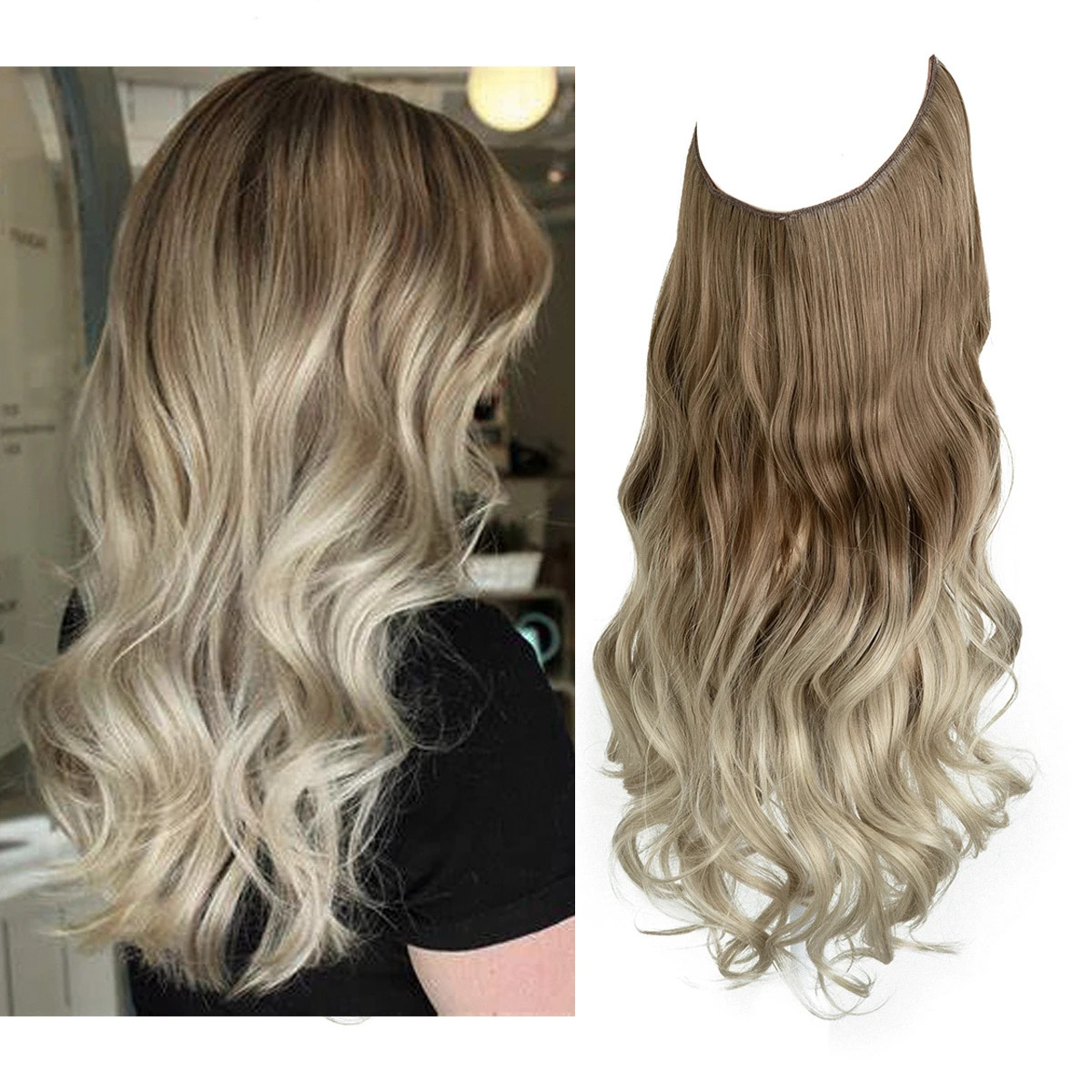 Synthetic No Clips Hair Extension Ombre Black Blonde Pink Long Wave