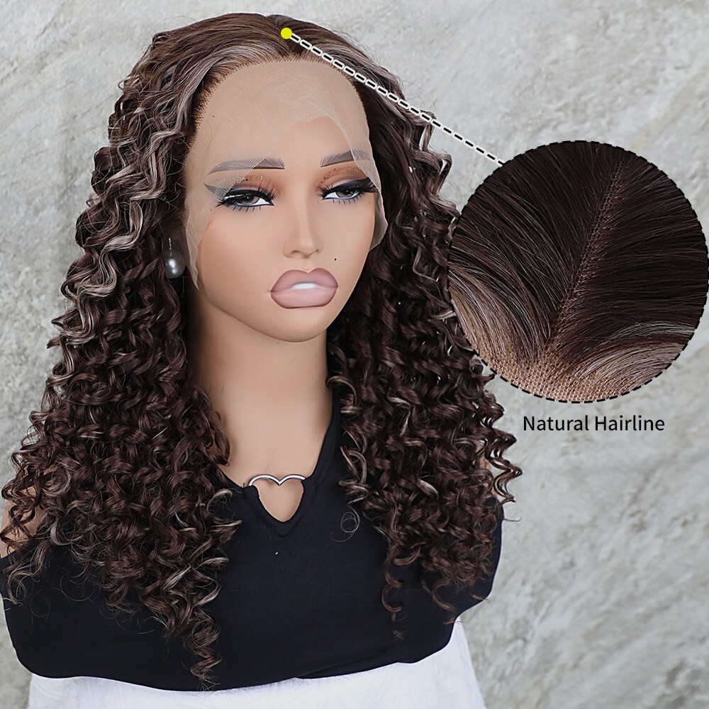 Highlight Blonde Brown Curly Hair Lace Front Wigs Synthetic Pre Plucked Glueless