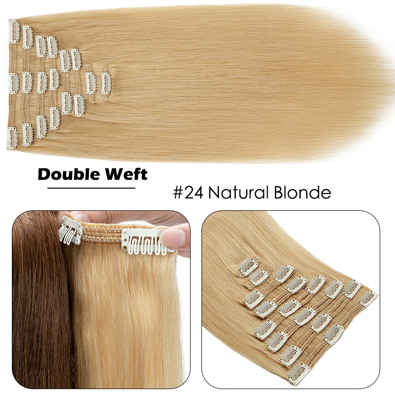 Double Weft Thick Clip In Extensions Virgin Human Hair Balayage Ombre Full Head