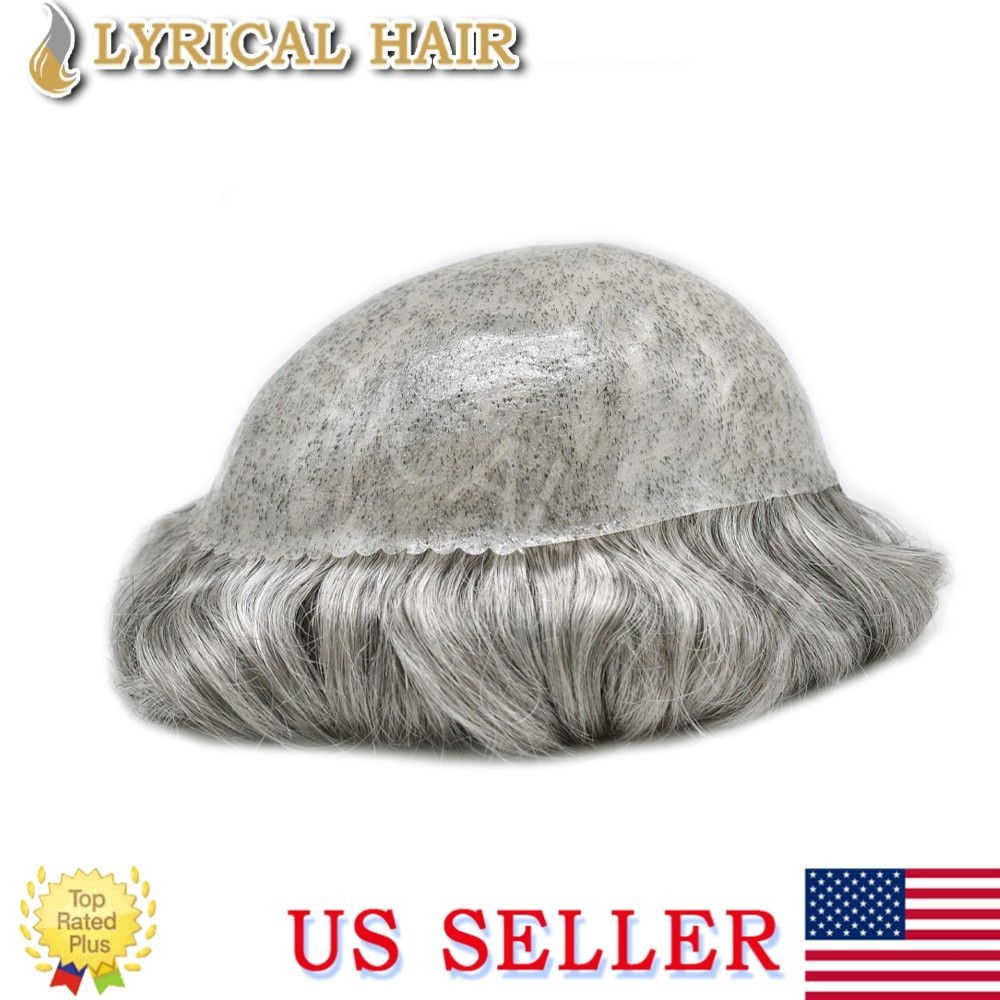Mens Toupee All Poly Skin PU Human Hair Piece Black Brown Grey Replacement Wigs
