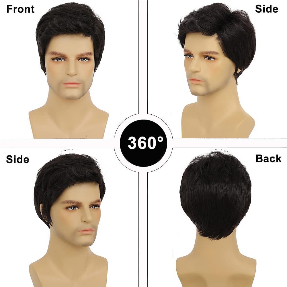Men’s Black Men Wig Short Full Wigs Little Wavy Synthetic Straight Hair Daily US