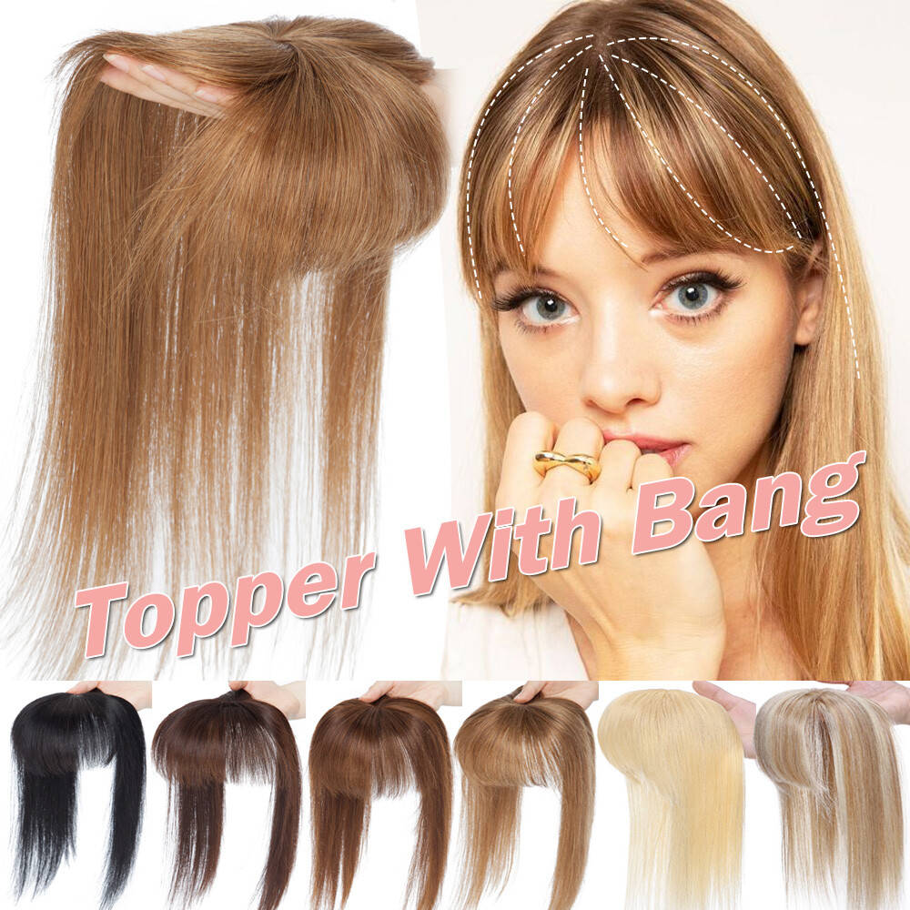 MONO/Silk Top Hairpiece With Bangs Clip In 100% Remy Human Hair Toupee Topper US