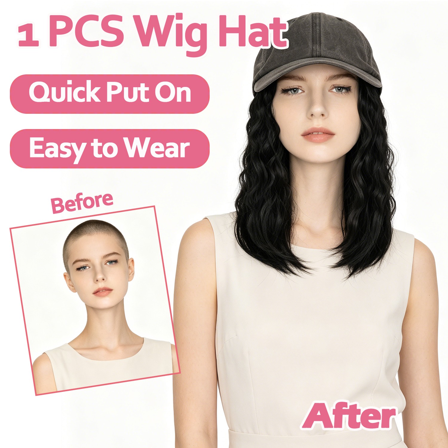 Instant Style 8″ Curly Wavy Cap Wig Adjustable Baseball Hat with Attached Hair M