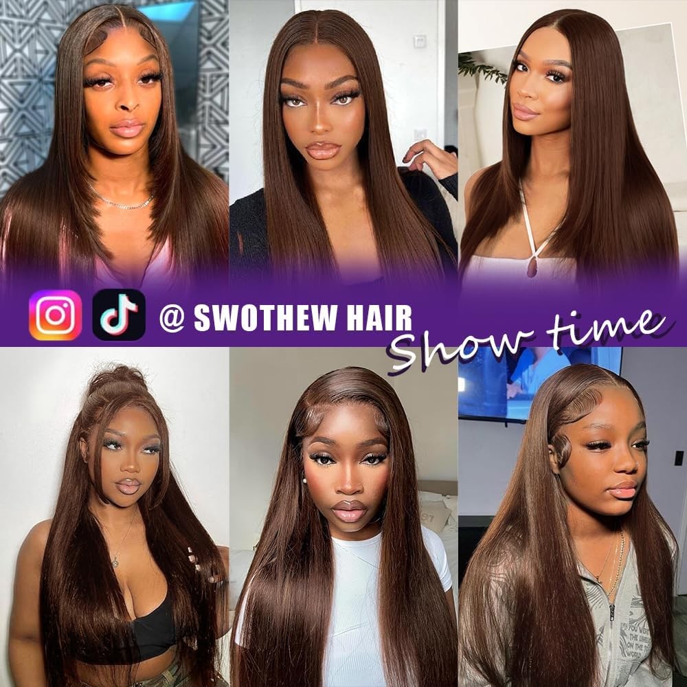 Swothew Brown Human Hair Wig Chocolate Brown Human Hair Wig 200 Density 13X6