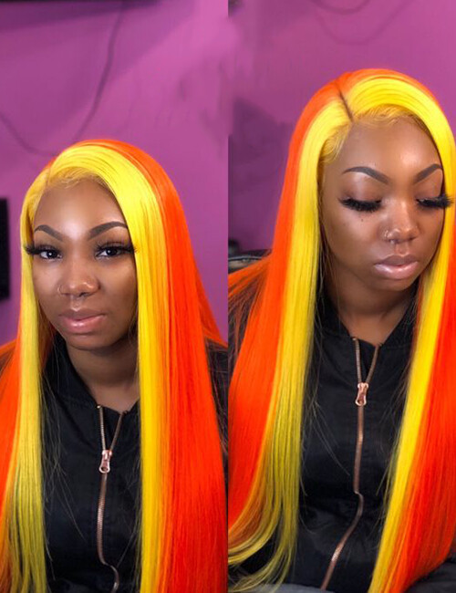 Long Straight Orange Yellow Highlight Lace Front Synthetic Heat Safe Wig Fashion