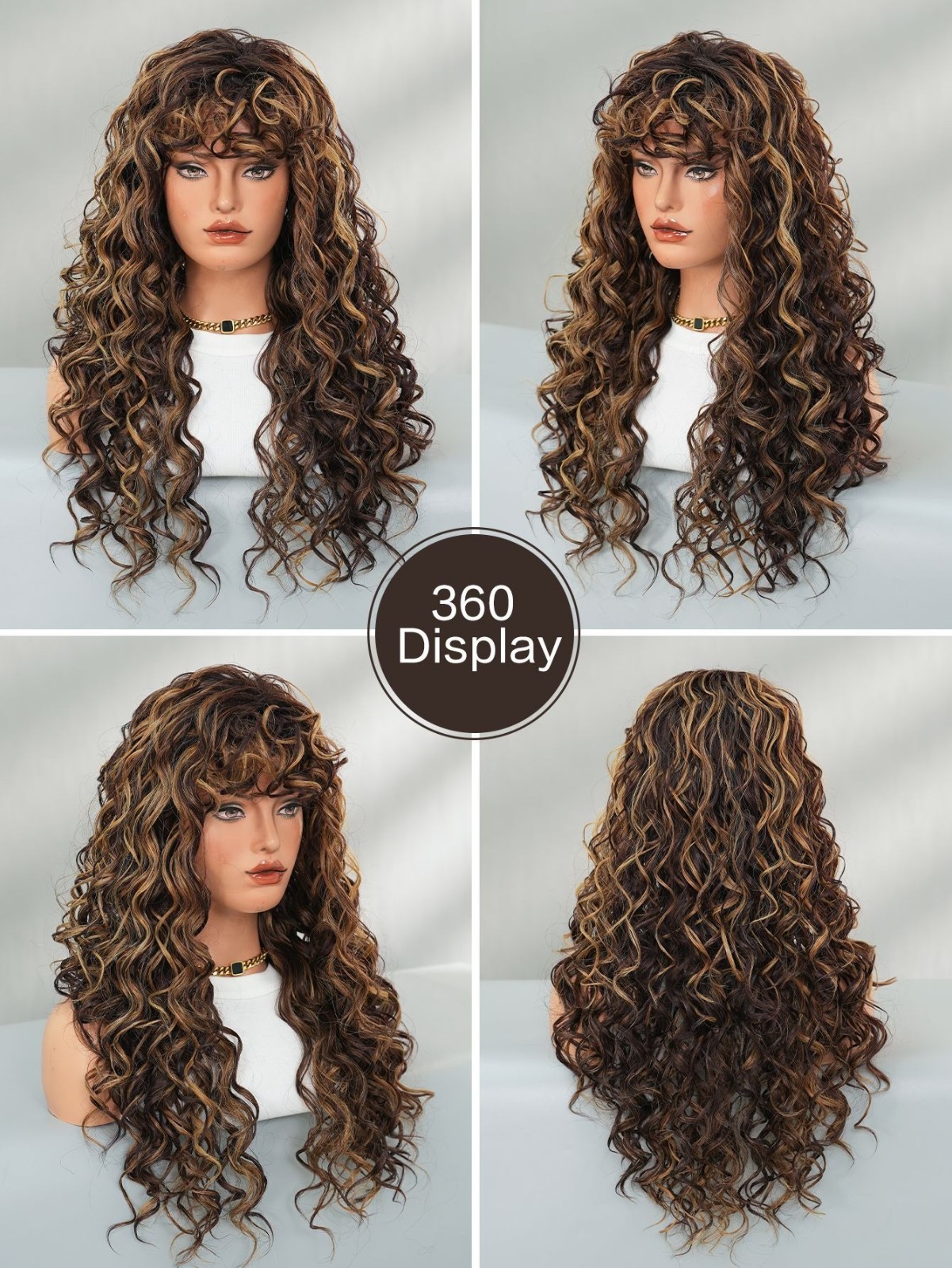Brown Honey golden curly springy curly long hair with bangs synthetic fibers