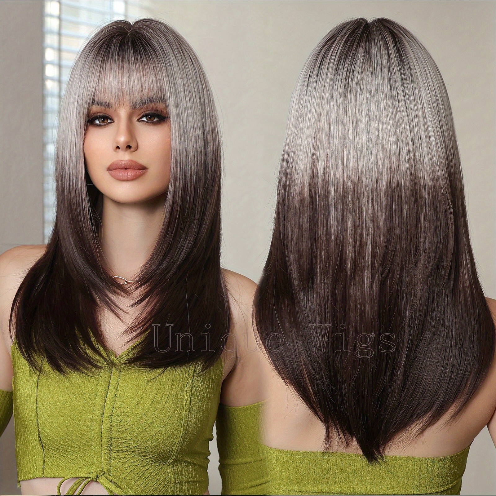 22 Inch Ombre Long Straight Wig Women’s Synthetic Hair Matte Finish Rose Net Cap