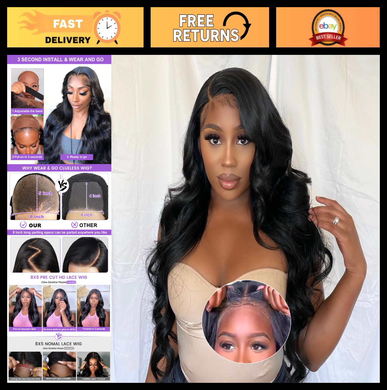 Glueless HD Lace Front Wig – 28″ Body Wave, 180% Density, Easy Wear for Beginner