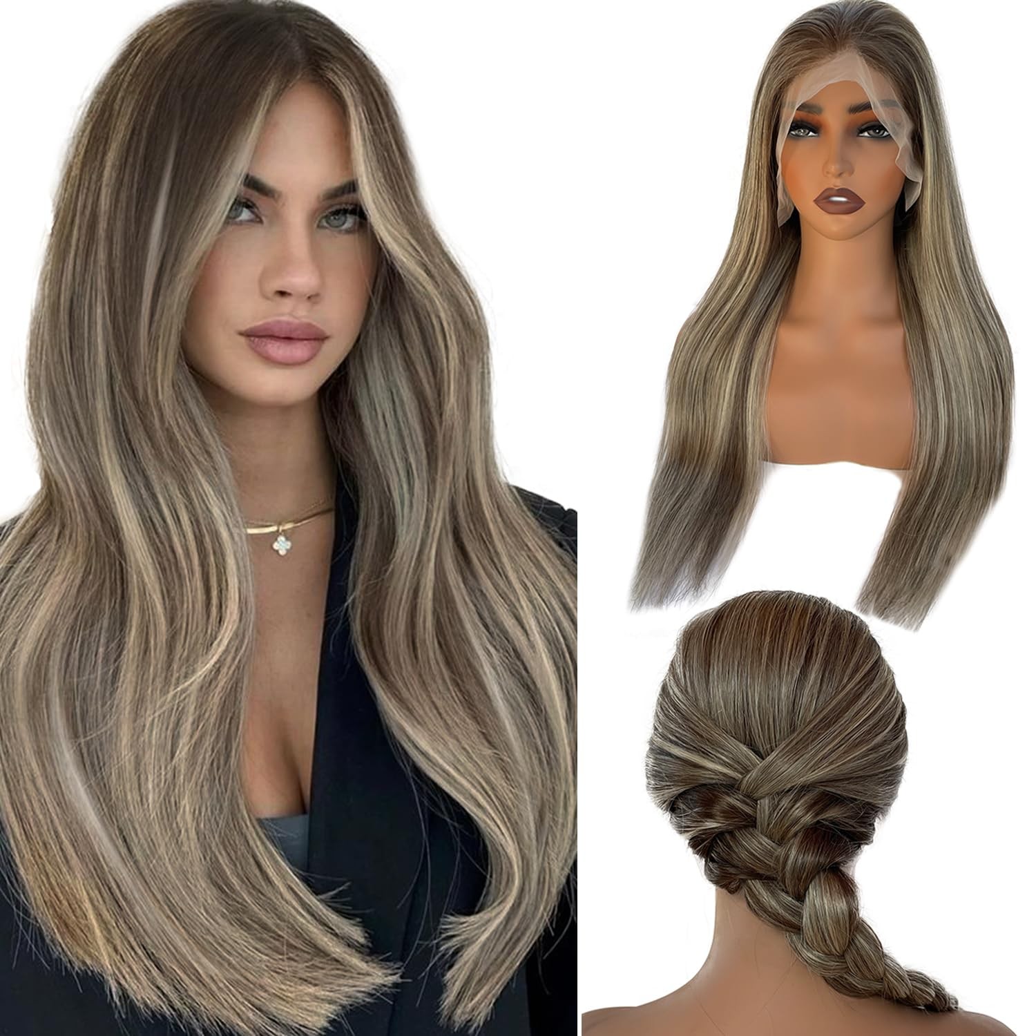 Valiilo 13X6 Ash Blonde Lace Front Wig Human Hair 24 Inch Ombre Brown Blonde