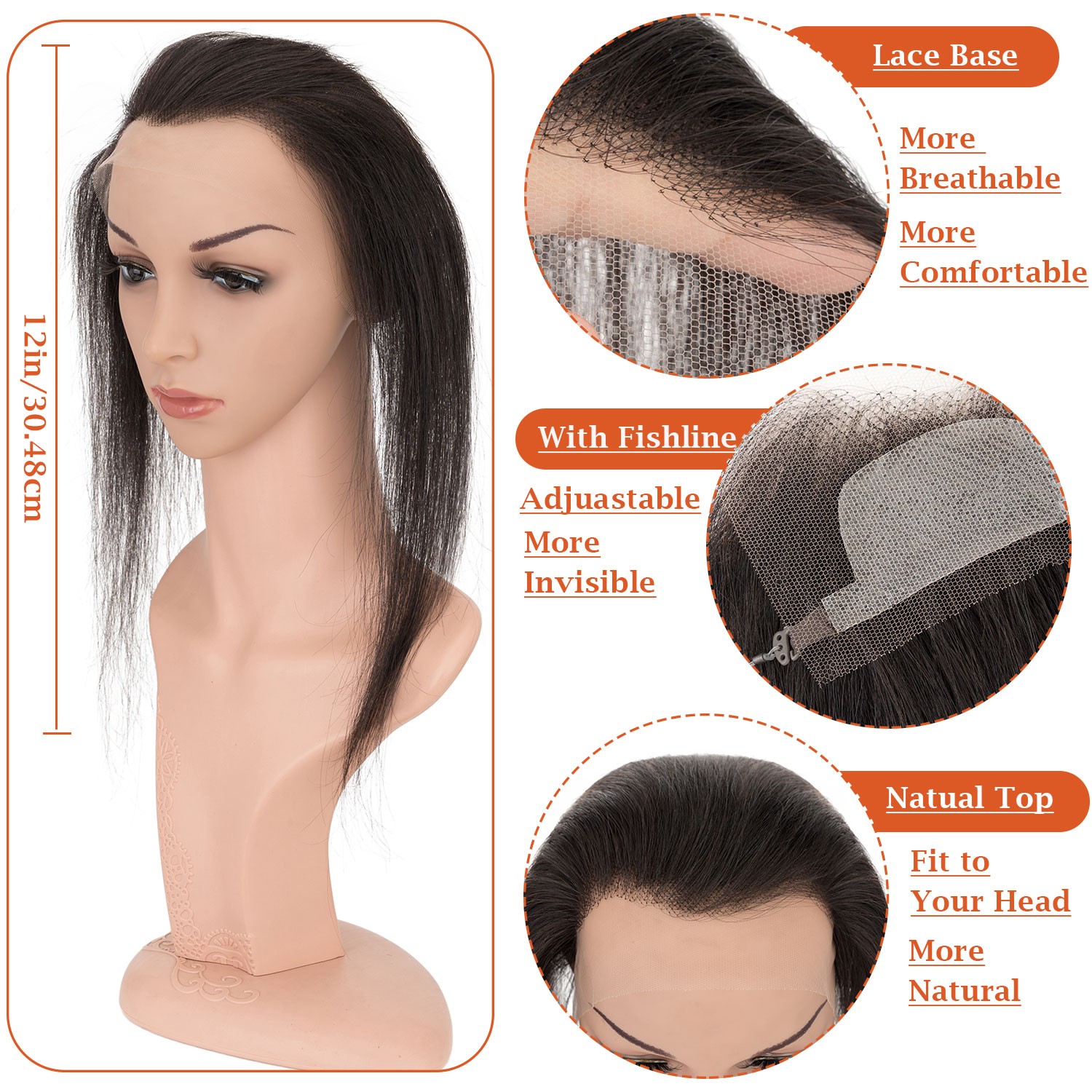 WIRE FULL LACE HAND-TIED FRONT HAIRLINE HUMAN HAIR PATCHE Hairpiece Women Topper