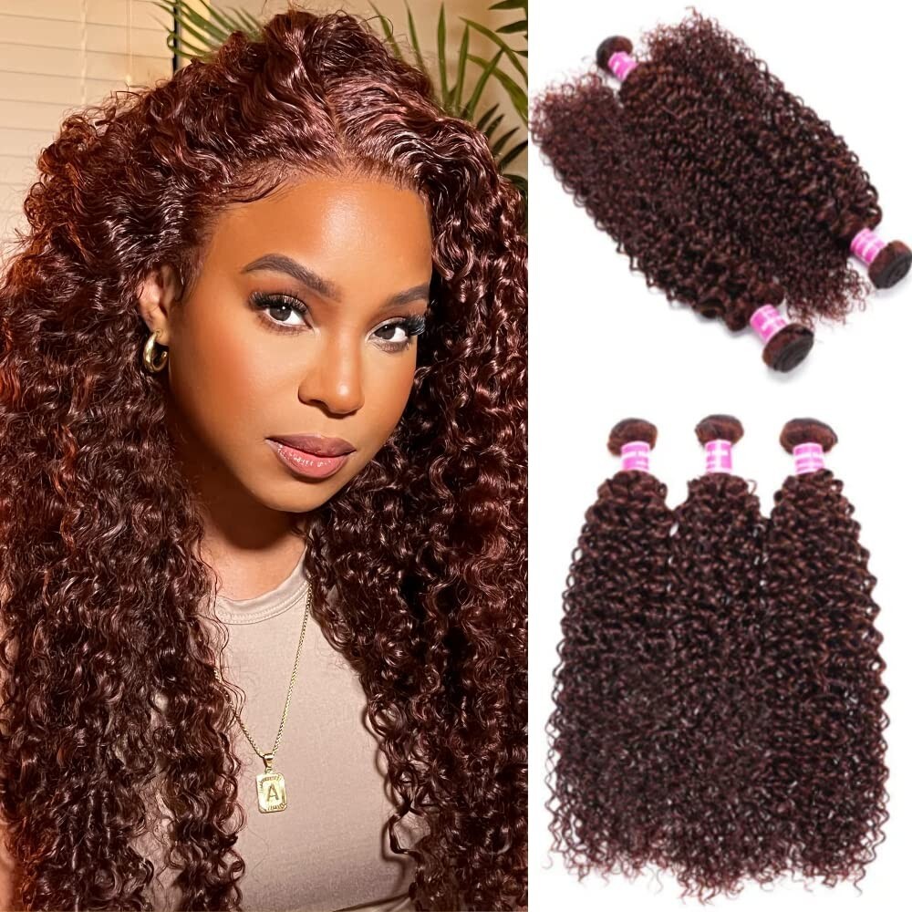 UNice Mongolian Reddish Brown Curly 3 Bundles Human Hair Weaves Cooper Red Wefts