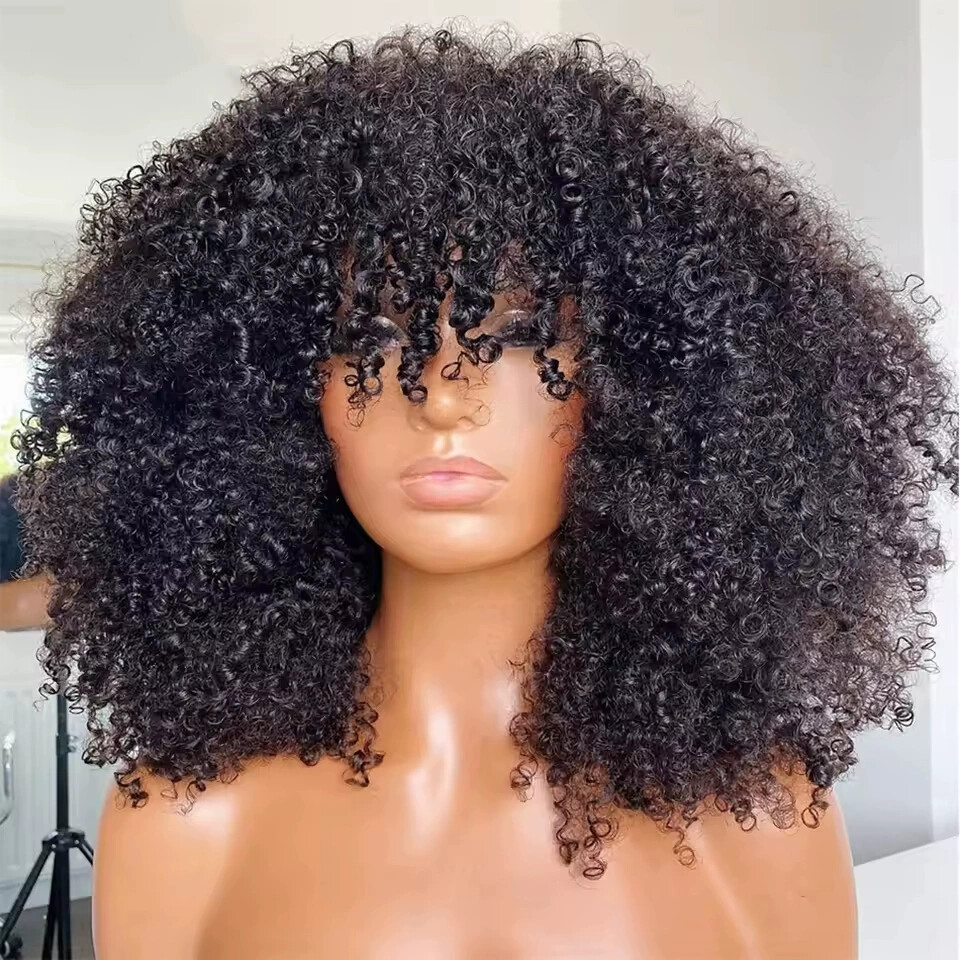 Glueless Bob Wigs Black Human Hair Short Afro Kinky Curly Wigs with Bangs 250%