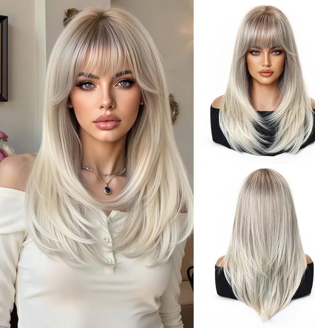 Ash Gray Blonde Wig Human Hair Blens Short Straight Bob Bangs Layers Natural