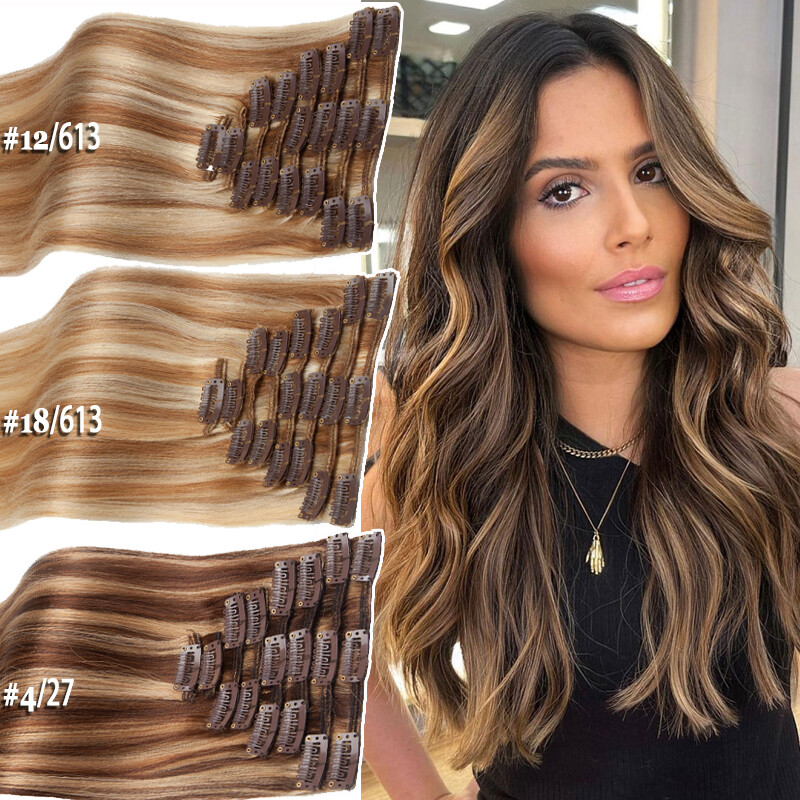Clip In Extensions Clip On 100% Real Human Hair Extensions Full Head Balayage US