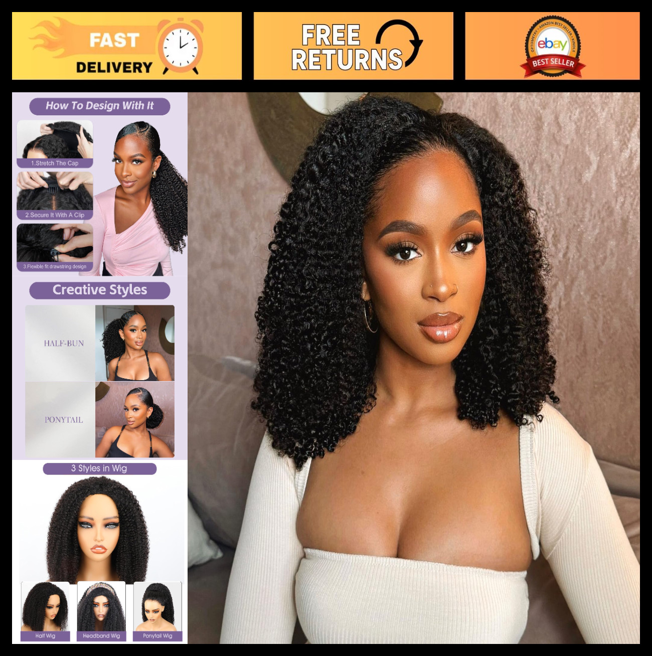 180% Density Afro Curly Half Wig – 22 Inch Kinky Curly Human Hair, Glueless, Eas