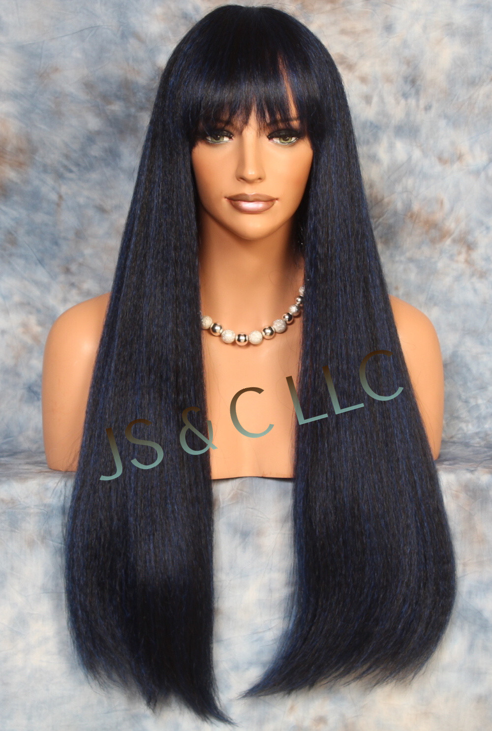Human hair Blend Full Wig Heat Safe Blue black textured straight blunt bangs MG
