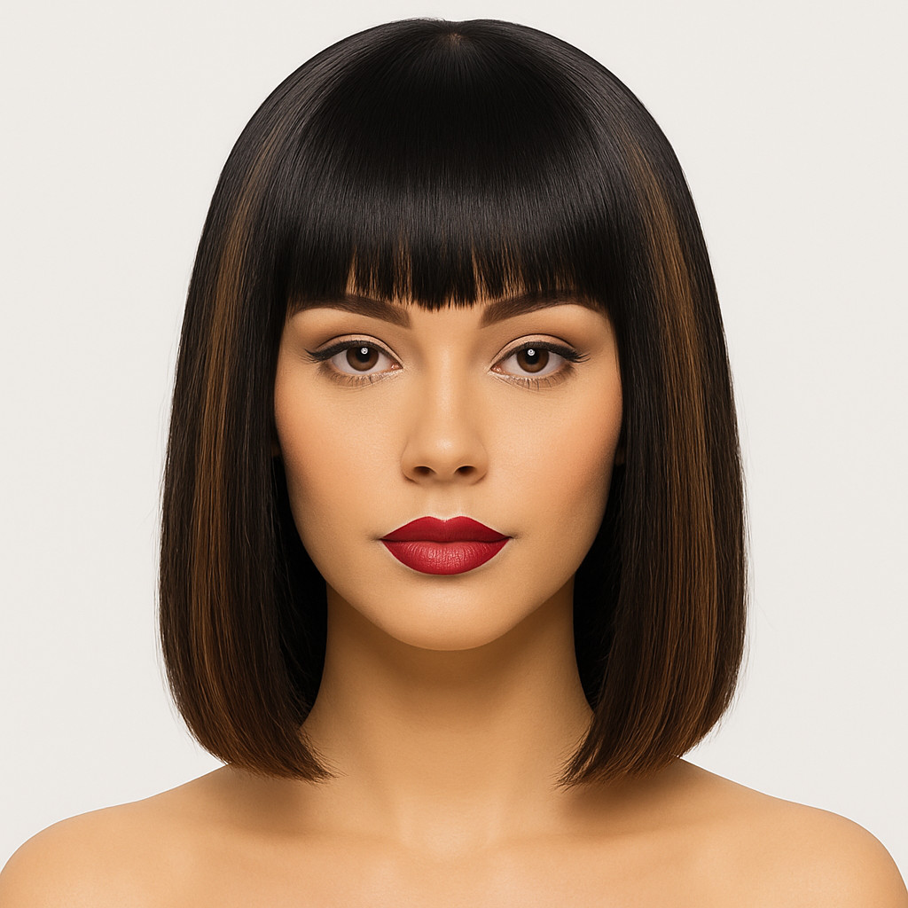 Synthetic Short Straight Hair Wig – Black Brown Blonde Highlights 12″