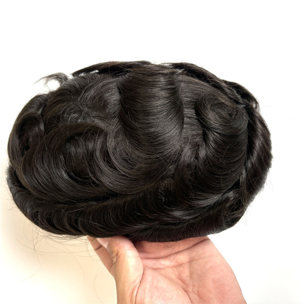 Full Poly Gauze Human Hair Replacement Men Toupee Hairpiece #1B Human Hair Wigs